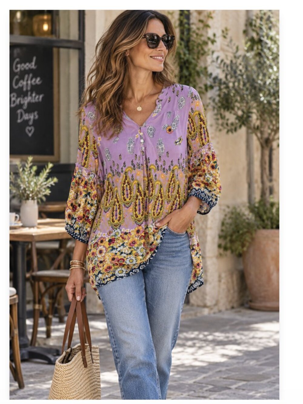 FIG & FLOWER Boho Peasant Tunic V-Neckline Popover Blouse Smocked Sleeves XL